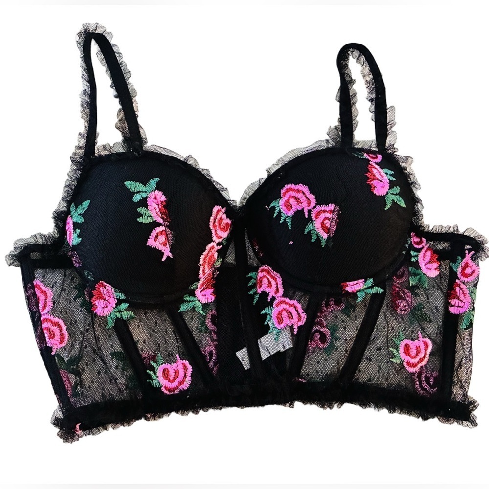 Floral Embroidered Black bustier Bralette hot pink roses
